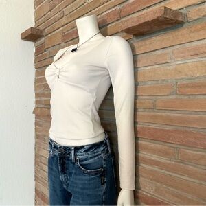 Ribbed Knit Babydoll Long Sleeve Top Y2K Style Ivory  Small
